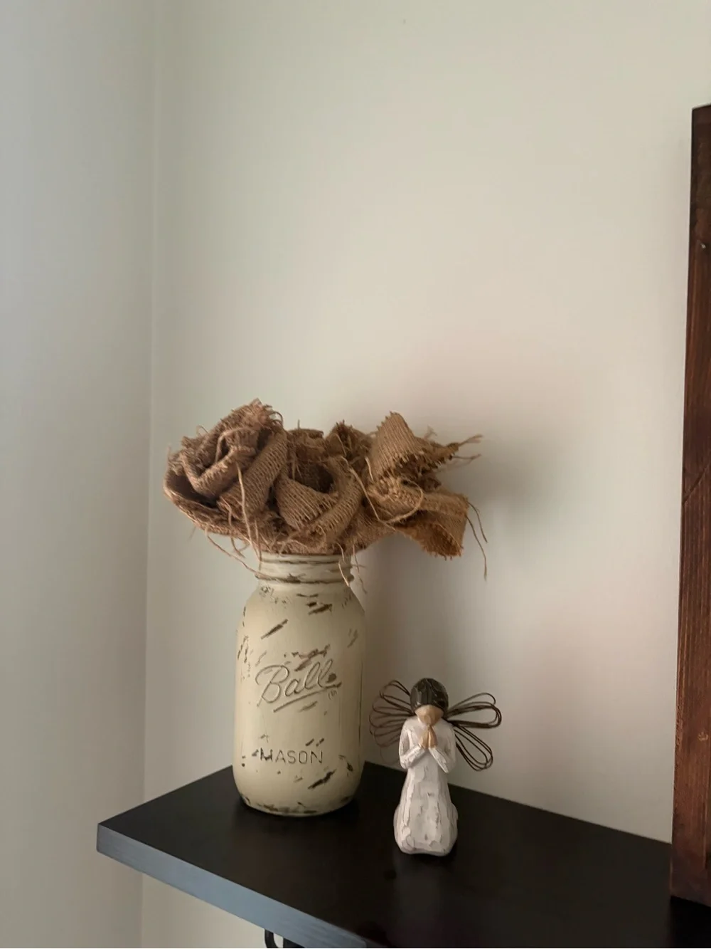 Mason Painted Jar Vase with Burlap Flowers - Cream